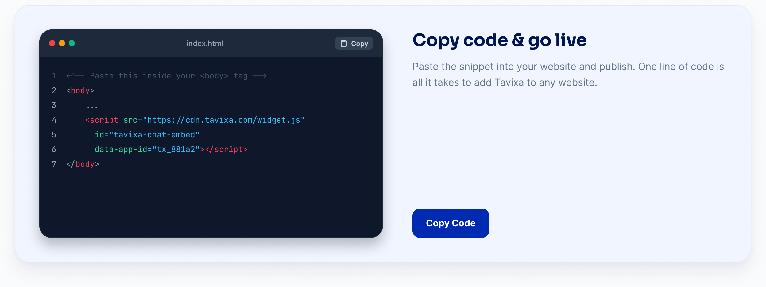 Copy code & go live